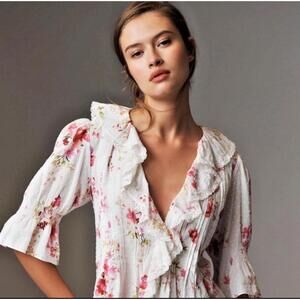 Anthropologie Ruffle V Neck Button Front Pin Tuck Blouse Floral Medium